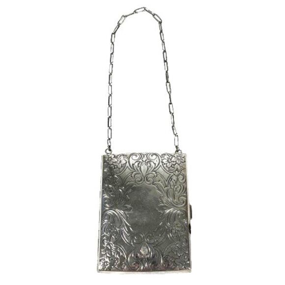 Antique Silver Dance Card Coin Purse Wallet Cigarette Case Wristlet Mirror Puff